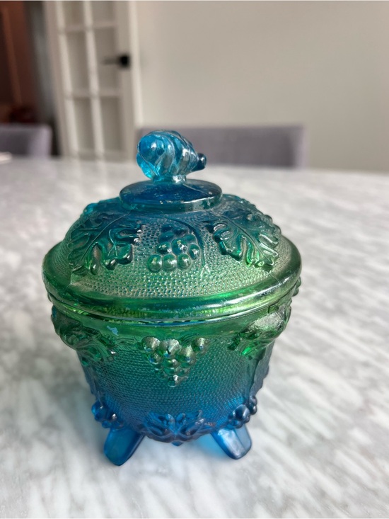 Other - Vintage Flash Glass Blue-Green Decorative Trinket Jar with Lid